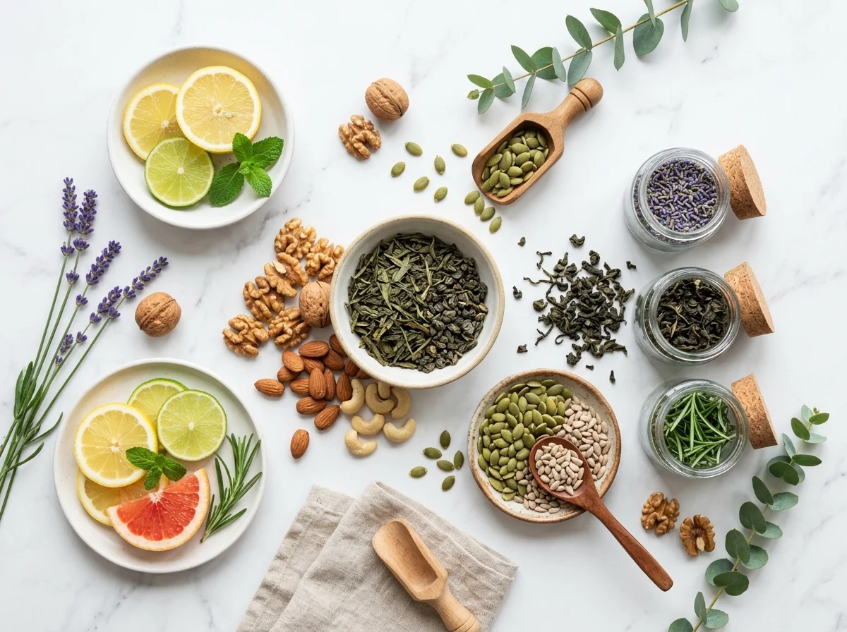 Verse botanische ingrediënten: groene thee, magnesiumrijke zaden, citrus, kruiden - gezonde stofwisseling