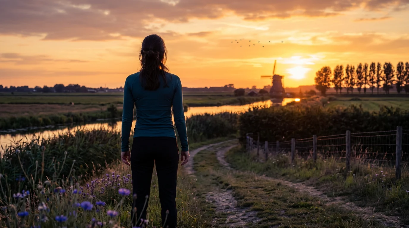 Anoniem silhouet van een vrouw tegen een Nederlandse zonsondergang - actieve leefstijl